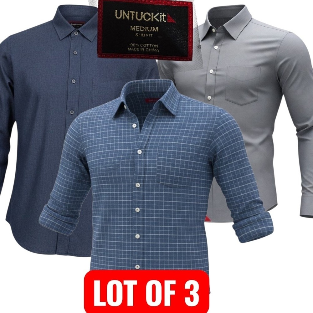UNTUCKit Button Down Shirt Mens Medium Blue Grey LOT OF 3 Slim Fit Cotton Casual
